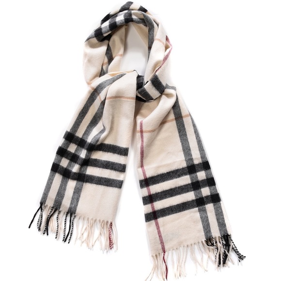 BURBERRY Cashmere Giant Check Ivory Fringe Scarf - Picture 1 of 3